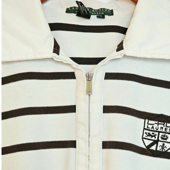 Lauren Active Ralph Lauren Sporty Brown & White Striped Crested Polo Preppy Tee - Picture 3 of 8